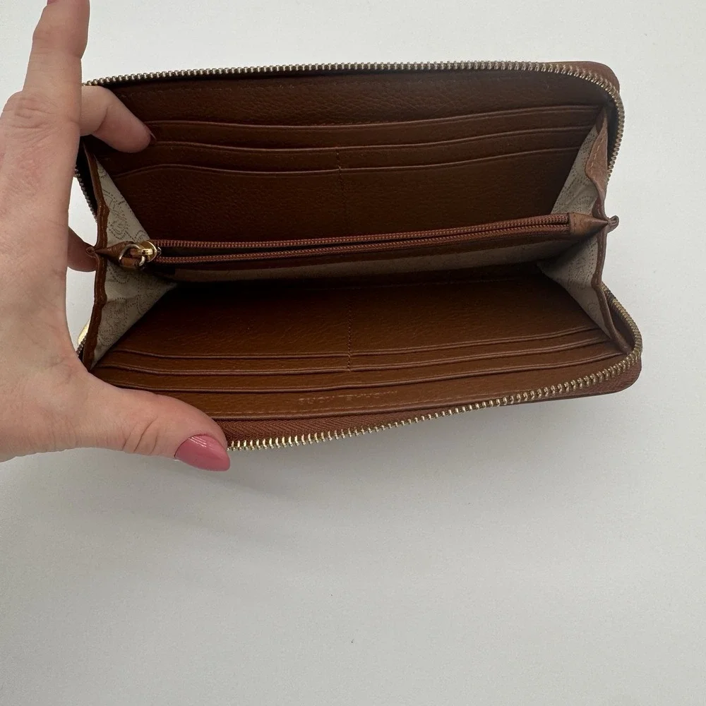 Michael Kors Jet Set Brown Pebbled Leather Zip Around Wallet Gold Logo‎